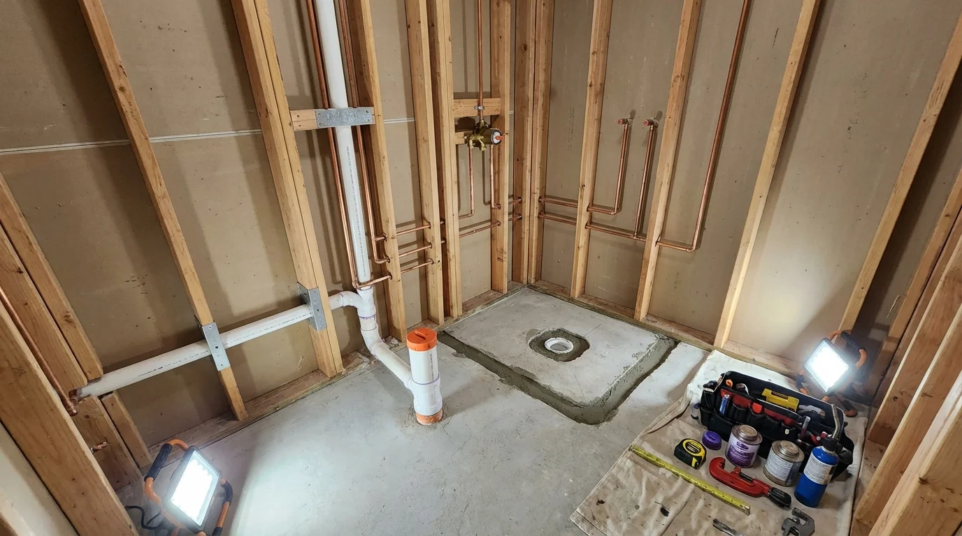 Bathroom rough-in plumbing during remodel by Johns Plumbing LLC in Coal Creek