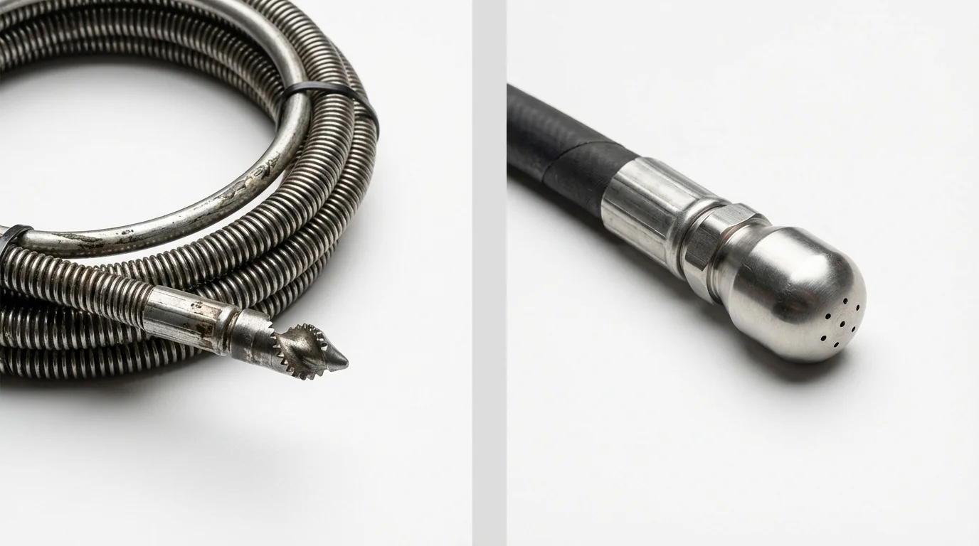 Drain snake cable and hydro jetting nozzle used for drain cleaning in Coal Creek, CO