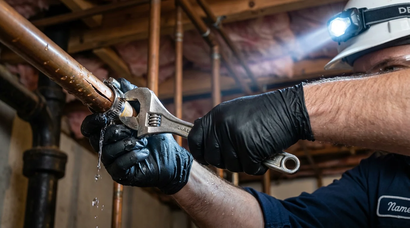 Emergency pipe clamp repair being performed by a Johns Plumbing LLC plumber in Coal Creek