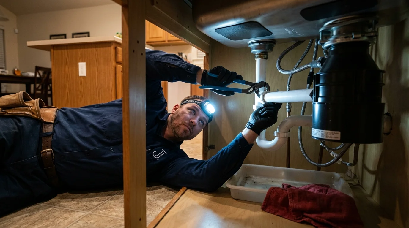 P-trap and supply line connections under a kitchen sink showing a common leak point in Coal Creek, CO